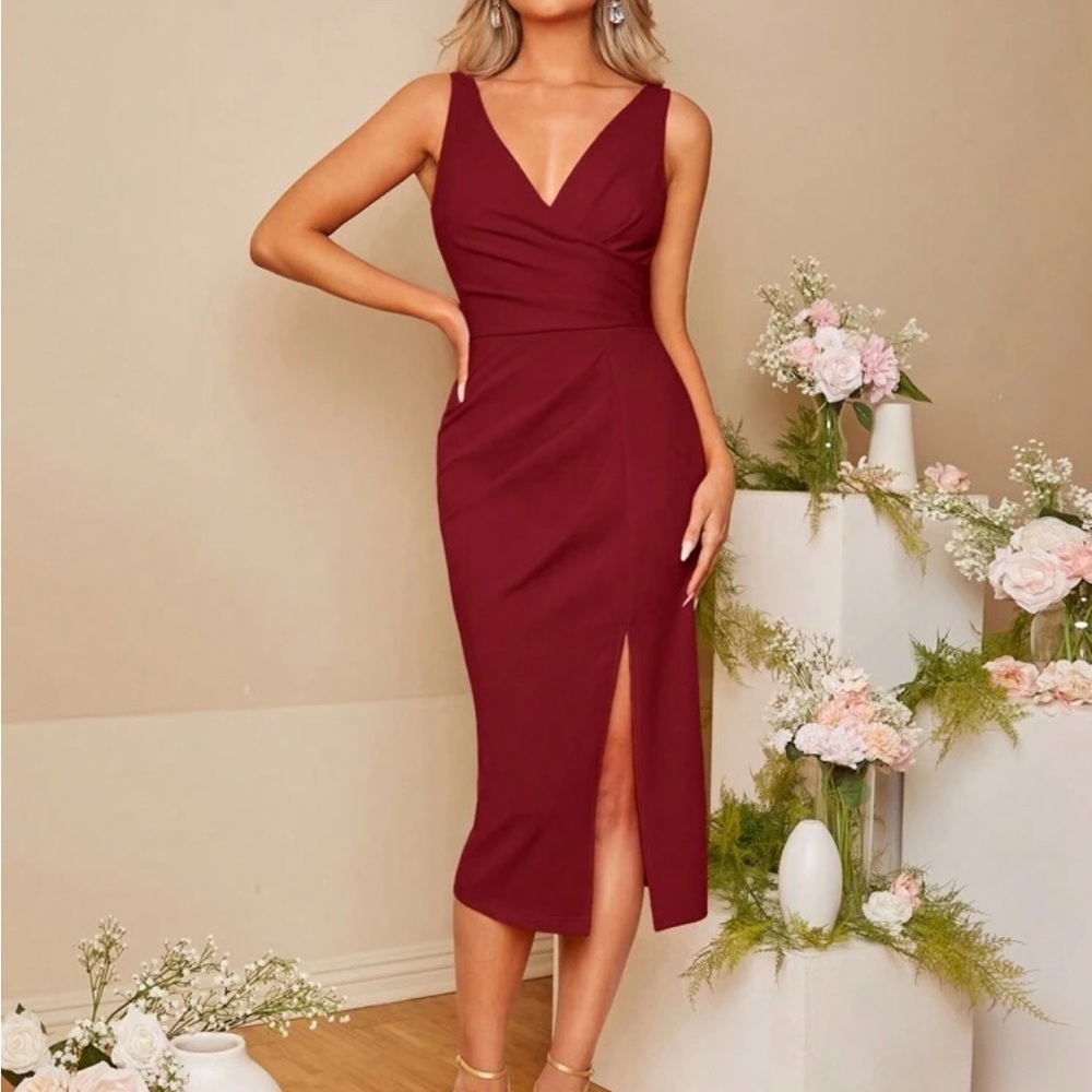 SHEIN Elegant Belle Midi Burgundy Dress